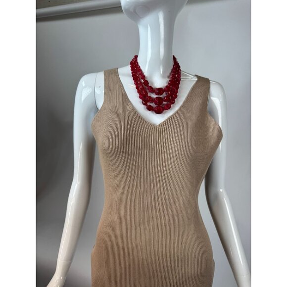 Vintage Triple-Strand Red Lucite Beaded Necklace With Brass Findings & Hook Clas - Picture 9 of 16